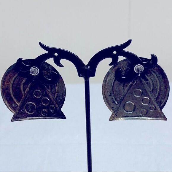 Vintage Art Deco Modernist Copper Pierced Earrings 1.5 “ Gorgeous - Picture 4 of 6